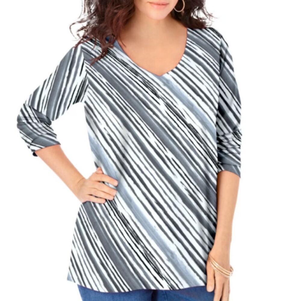 Roaman's Gray Striped Ultimate Long Sleeve V Neck T-Shirt Casual Tee 18/20 XL
